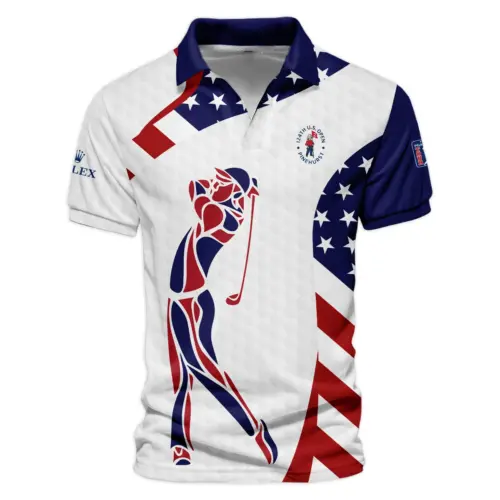Updated Logo 125th U.S. Open Rolex  Blue Red Golf Pattern White Flag Vneck Polo Shirt Style Classic
