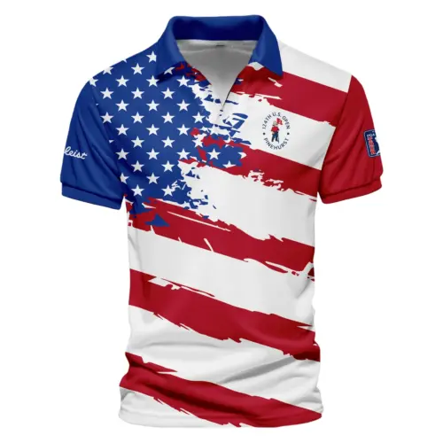 Titleist Updated Logo 125th U.S. Open Blue Abstract Background Line Vneck Polo Shirt Style Classic