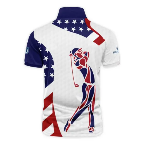 Updated Logo 125th U.S. Open Rolex  Blue Red Golf Pattern White Flag Vneck Polo Shirt Style Classic